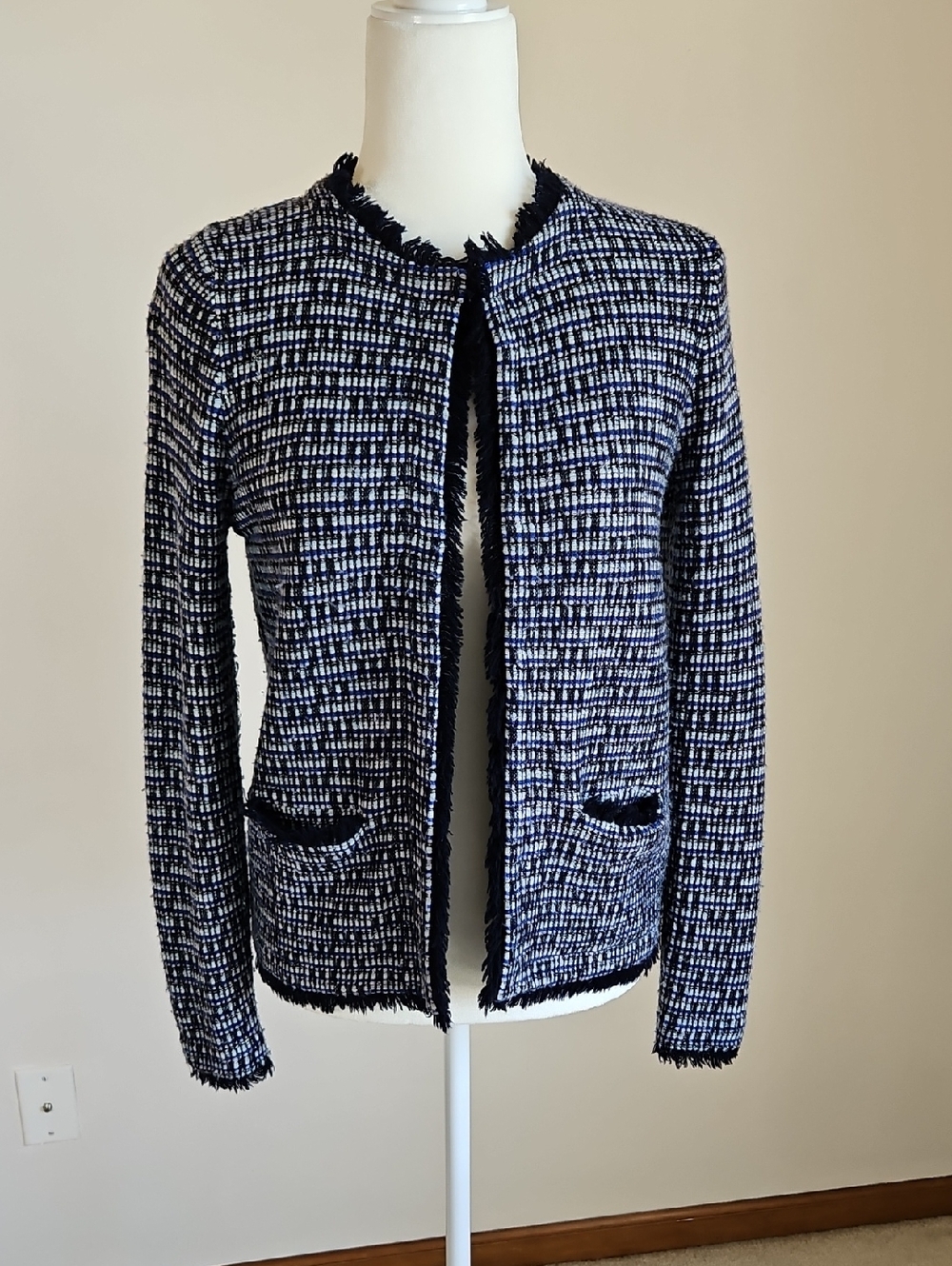 J Crew Mettalic Tweed Fringed Blazer Blue Wool Blend Career Wear S Tailored
